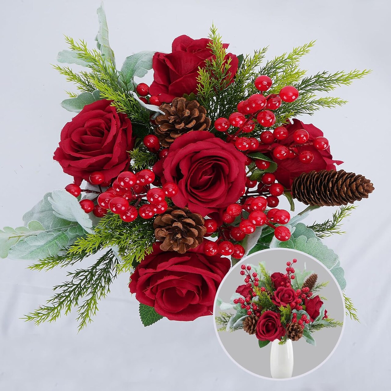 18pcs Artificial Christmas Flowers Bouquet | Mix Bouquet, Artificial Pine Branches Berry Stems Pine Cone Red Fake Flowers for Xmas Winter Home Table Vase Wedding Bouquet Decor (14.5")